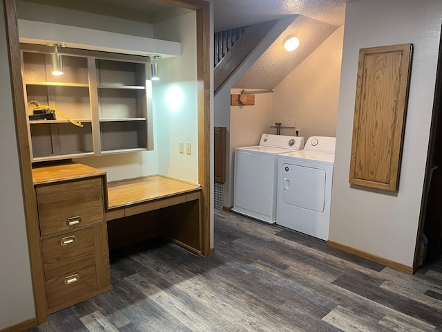 130 2nd St NE, Mcintosh, MN 56556 - laundry room with laundry area, baseboards, dark wood-type flooring, washer and clothes dryer, and a textured ceiling