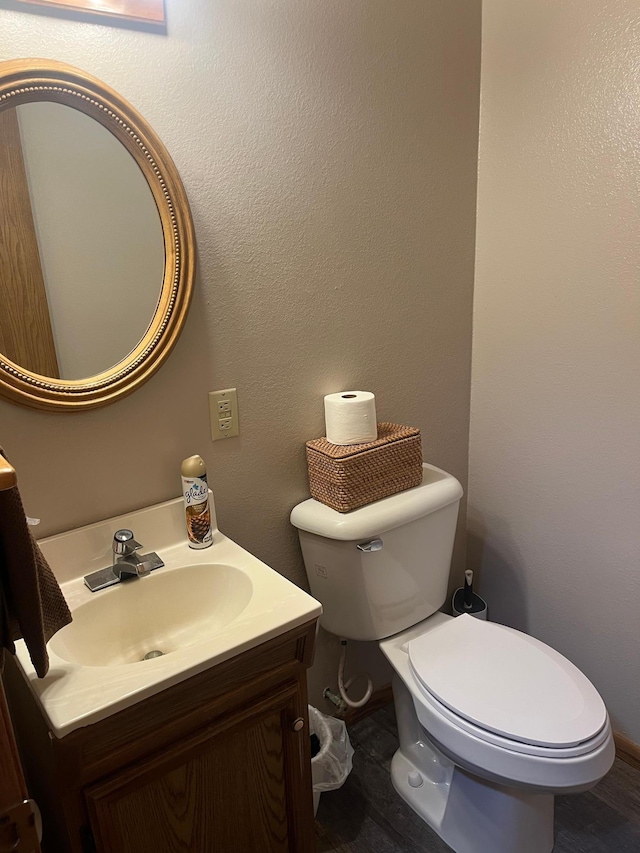 130 2nd St NE, Mcintosh, MN 56556 - half bath featuring vanity, baseboards, wood finished floors, and toilet