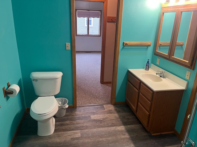 130 2nd St NE, Mcintosh, MN 56556 - bathroom with toilet, baseboards, wood finished floors, and vanity
