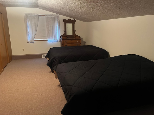 130 2nd St NE, Mcintosh, MN 56556 - bedroom featuring a textured ceiling, light carpet, baseboards, and lofted ceiling