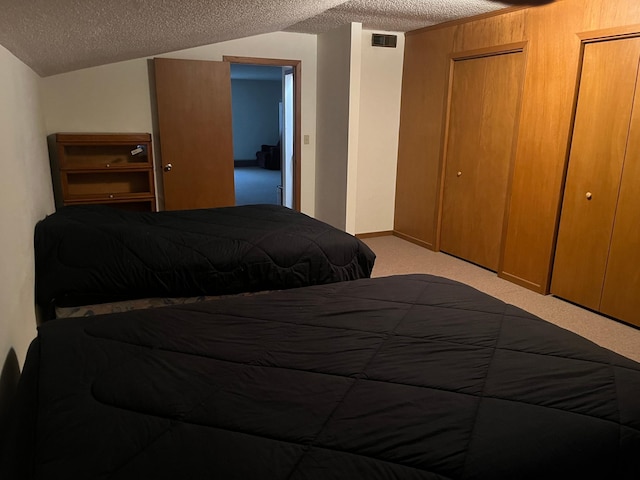 130 2nd St NE, Mcintosh, MN 56556 - carpeted bedroom featuring a textured ceiling, visible vents, baseboards, and vaulted ceiling