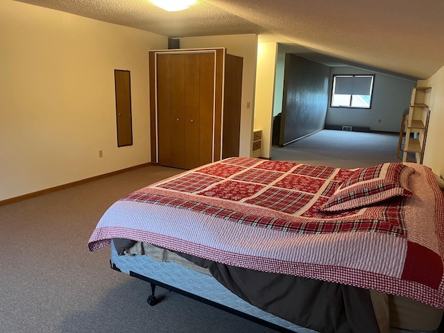130 2nd St NE, Mcintosh, MN 56556 - bedroom with a closet, lofted ceiling, a textured ceiling, electric panel, and carpet flooring