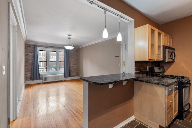 1820 1st Ave S Unit 102, Minneapolis, MN 55403 - kitchen featuring glass insert cabinets, stainless steel microwave, radiator heating unit, range with gas stovetop, and crown molding