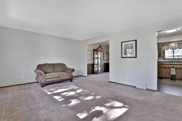 unfurnished living room with visible vents, baseboards, and carpet floors