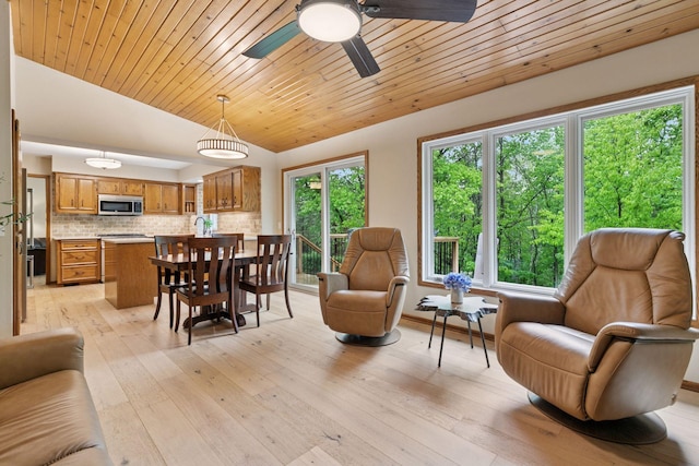 3861 Westbury Dr, Eagan, MN 55123 - living room with vaulted ceiling, light wood-style flooring, a ceiling fan, and wood ceiling