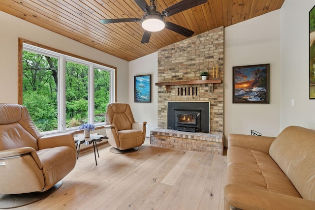 3861 Westbury Dr, Eagan, MN 55123 - living area with wooden ceiling, lofted ceiling, hardwood / wood-style flooring, a ceiling fan, and a brick fireplace