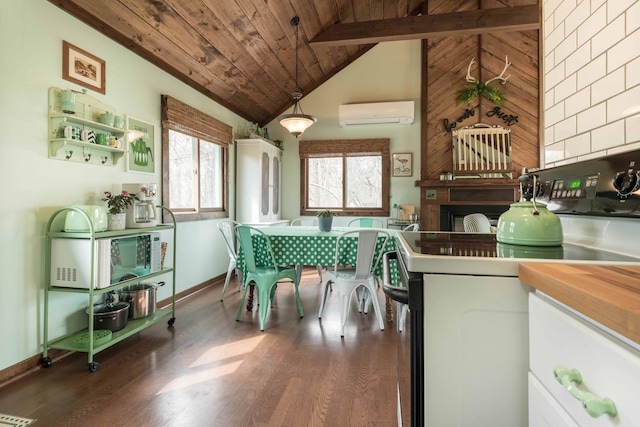 39315 Little Mo Rd, Clitherall Twp, MN 56524 - kitchen featuring wooden ceiling, a wall unit AC, range with electric stovetop, and wood finished floors