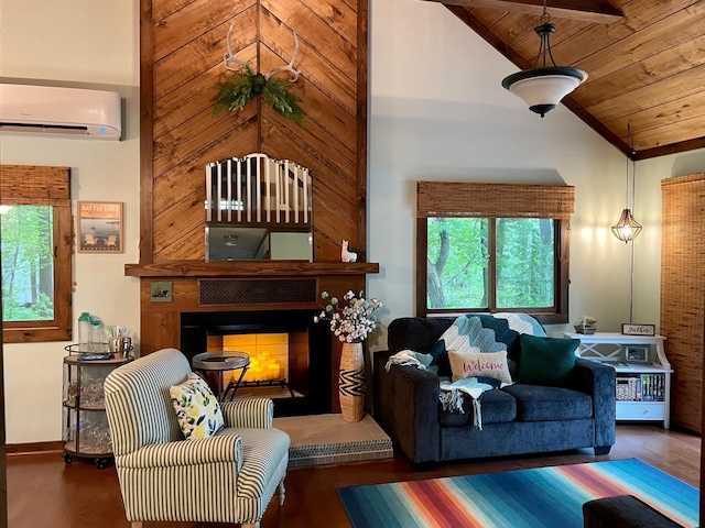 39315 Little Mo Rd, Clitherall Twp, MN 56524 - living area featuring a multi sided fireplace, a wall mounted AC, wooden ceiling, and wood finished floors