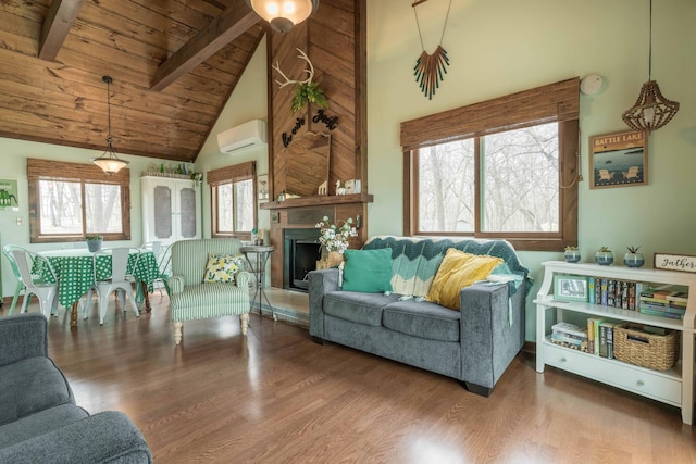 39315 Little Mo Rd, Clitherall Twp, MN 56524 - living area with beam ceiling, a wall mounted air conditioner, high vaulted ceiling, wooden ceiling, and wood finished floors
