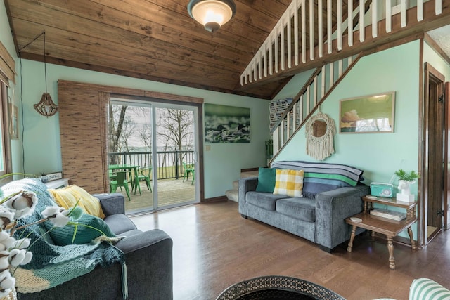 39315 Little Mo Rd, Clitherall Twp, MN 56524 - living room with high vaulted ceiling, stairs, baseboards, wooden ceiling, and wood finished floors