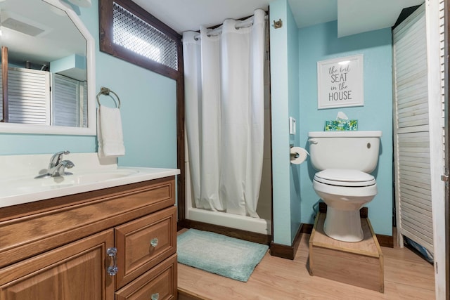 39315 Little Mo Rd, Clitherall Twp, MN 56524 - full bath featuring visible vents, a stall shower, wood finished floors, vanity, and toilet
