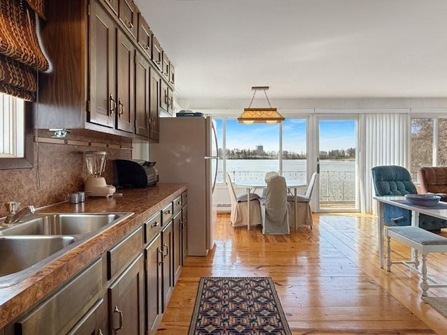 kitchen with a sink, dark brown cabinets, light wood-style flooring, and decorative backsplash