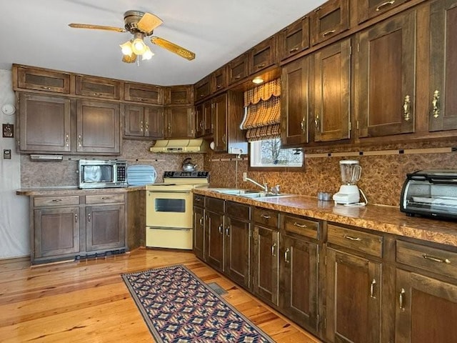 kitchen featuring white electric range oven, stainless steel microwave, a sink, under cabinet range hood, and backsplash