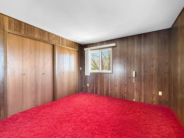 bedroom featuring wooden walls and multiple closets