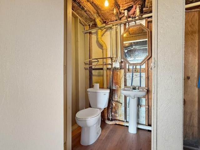 bathroom with wood finished floors, toilet, a textured wall, and a sink