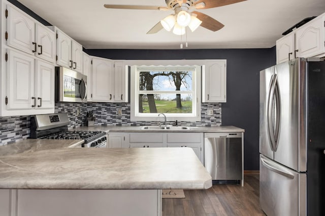 kitchen with a peninsula, a sink, tasteful backsplash, ceiling fan, and appliances with stainless steel finishes