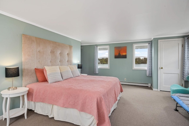 bedroom with a baseboard heating unit, carpet floors, ornamental molding, and baseboards