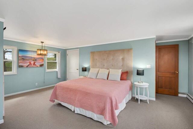 bedroom featuring baseboards, carpet floors, and crown molding