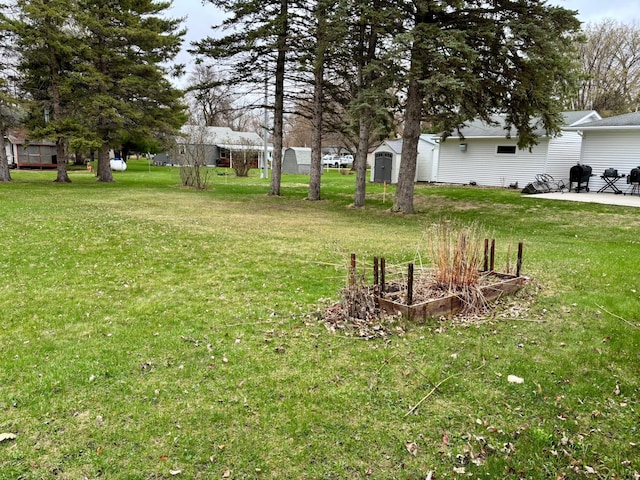 view of yard featuring a patio area and a vegetable garden