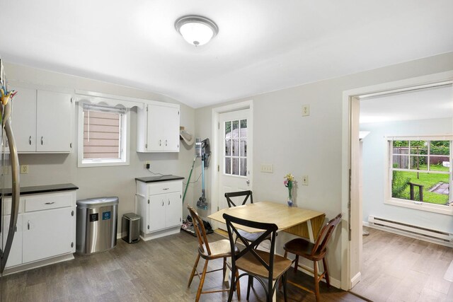451 Taylor St NE, Minneapolis, MN 55413 - dining area with baseboard heating, dark wood-style floors, and lofted ceiling