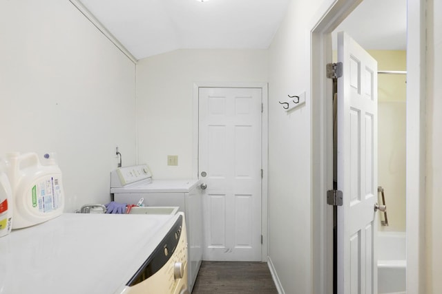 451 Taylor St NE, Minneapolis, MN 55413 - laundry area featuring washer and clothes dryer and dark wood-type flooring