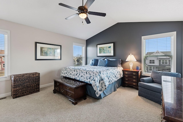 3626 Springwood Ct, Eagan, MN 55123 - bedroom with light colored carpet, vaulted ceiling, baseboards, and a ceiling fan