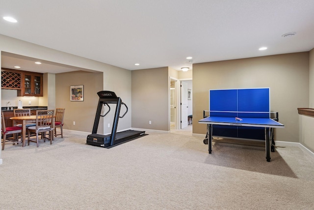 3626 Springwood Ct, Eagan, MN 55123 - playroom featuring recessed lighting, light carpet, baseboards, and bar