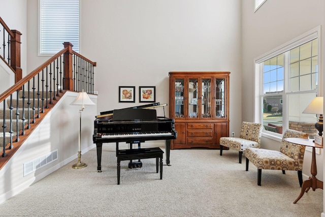 3626 Springwood Ct, Eagan, MN 55123 - sitting room featuring a high ceiling, carpet flooring, and stairway