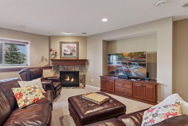 3626 Springwood Ct, Eagan, MN 55123 - carpeted living area featuring a fireplace, recessed lighting, and a textured ceiling