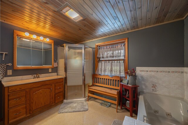 2475 44th St SW, Pine River, MN 56474 - bathroom with a whirlpool tub, wood ceiling, ornamental molding, vanity, and a stall shower