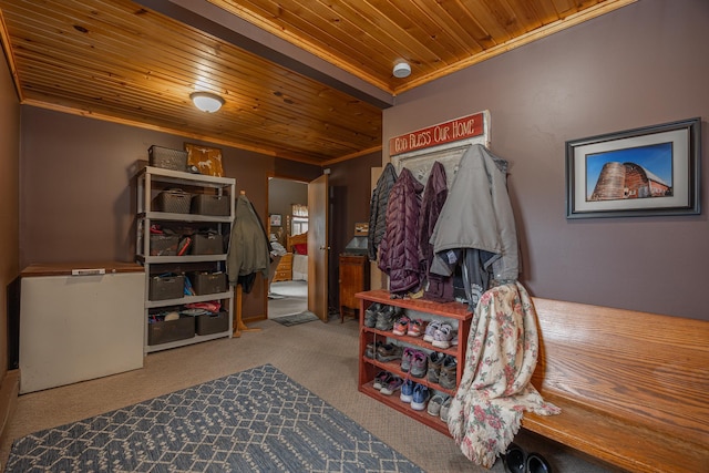 2475 44th St SW, Pine River, MN 56474 - interior space featuring ornamental molding, carpet flooring, and wood ceiling