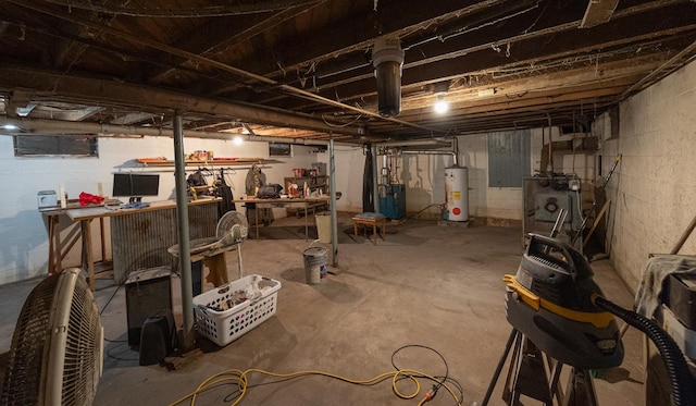 2475 44th St SW, Pine River, MN 56474 - unfinished basement featuring a heating unit, water heater, and a workshop area