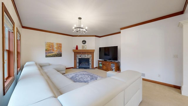 1213 Grey Fox Ave SW, Rochester, MN 55902 - living room with a chandelier, a fireplace with flush hearth, light carpet, baseboards, and ornamental molding