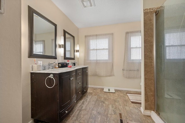 1601 5th Ave, Grand Rapids, MN 55744 - bathroom featuring double vanity, a sink, baseboards, visible vents, and a stall shower