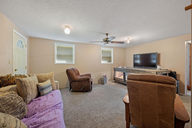 1601 5th Ave, Grand Rapids, MN 55744 - living room with a healthy amount of sunlight, carpet floors, a textured ceiling, and ceiling fan