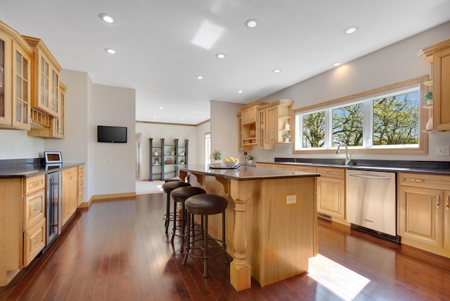 kitchen with dishwasher, dark countertops, open shelves, wine cooler, and recessed lighting