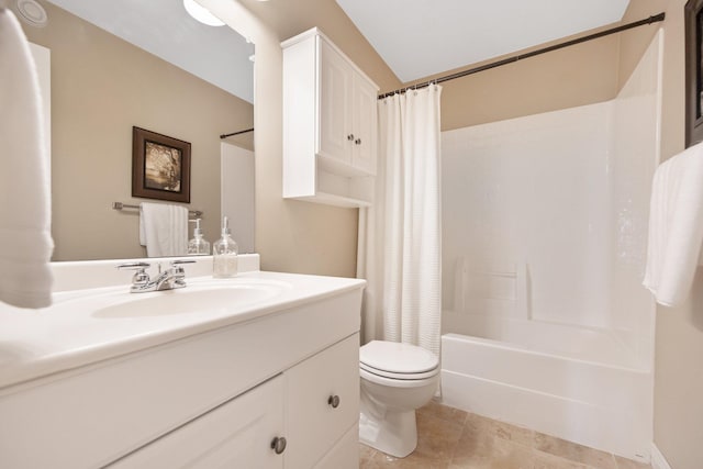 bathroom with toilet, shower / bathtub combination with curtain, vanity, and tile patterned floors