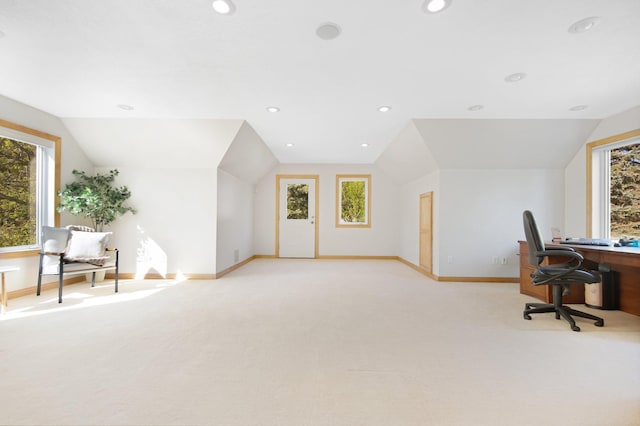 home office with lofted ceiling, light colored carpet, baseboards, and recessed lighting