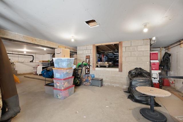 unfinished below grade area featuring concrete block wall