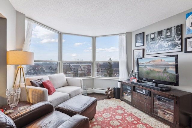 1425 28th St Unit 407, Minneapolis, MN 55408 - living area featuring a textured ceiling, healthy amount of natural light, and a baseboard radiator