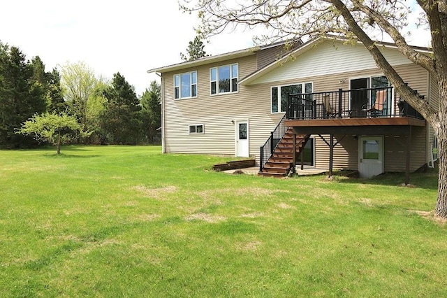 44172 Mosquito Heights Rd, Perham, MN 56573 - rear view of property with stairs, a wooden deck, and a lawn