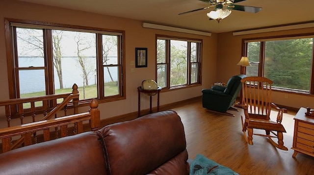44172 Mosquito Heights Rd, Perham, MN 56573 - living area featuring wood finished floors, a ceiling fan, baseboards, and healthy amount of natural light