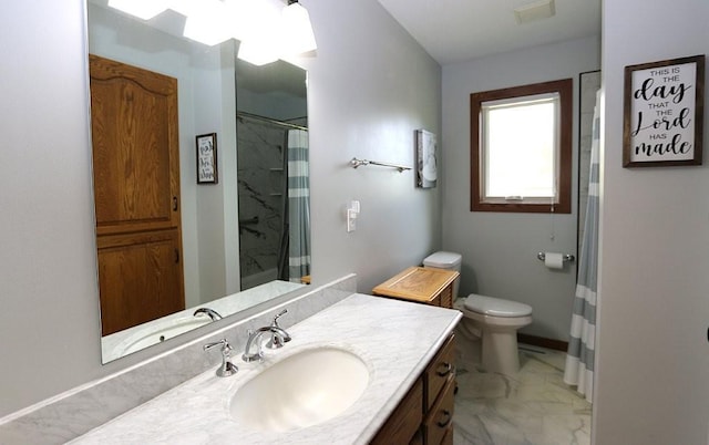 44172 Mosquito Heights Rd, Perham, MN 56573 - bathroom with vanity, toilet, marble look tiles, baseboards, and curtained shower