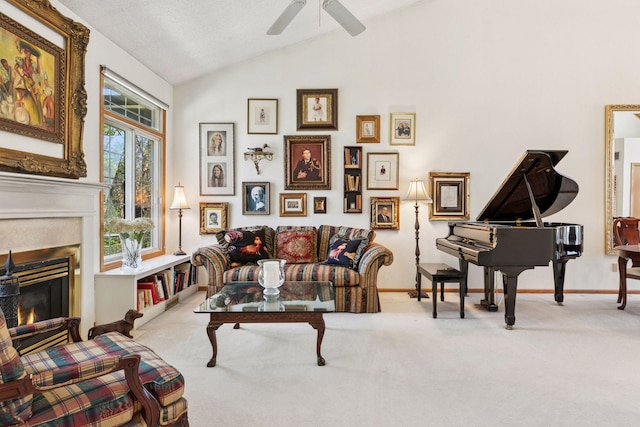 2499 Lockwood Dr Unit 61, Mendota Heights, MN 55120 - carpeted living room featuring vaulted ceiling, a glass covered fireplace, and ceiling fan