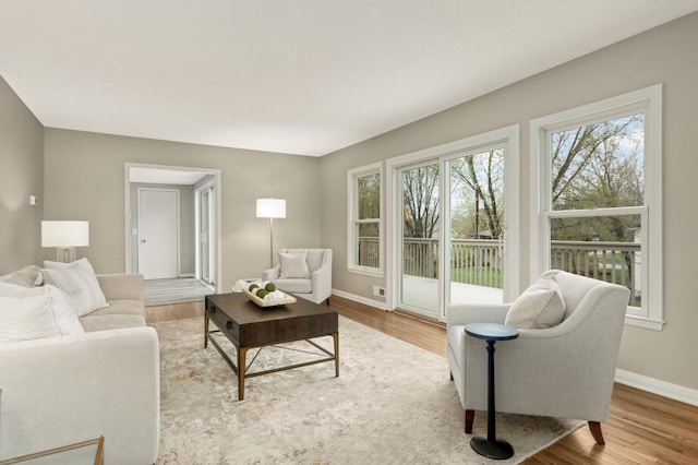 living area featuring baseboards and wood finished floors