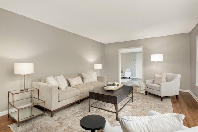 living room with baseboards and wood finished floors
