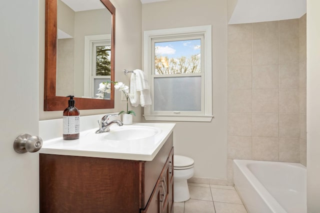 full bath with tile patterned floors, baseboards, vanity, and toilet