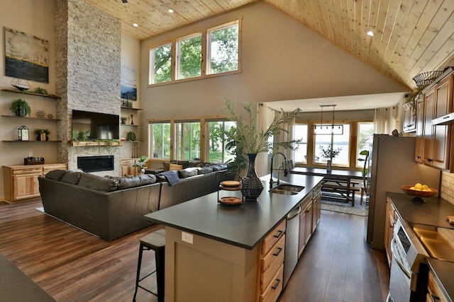 kitchen featuring high vaulted ceiling, dark countertops, appliances with stainless steel finishes, dark wood-type flooring, and wooden ceiling