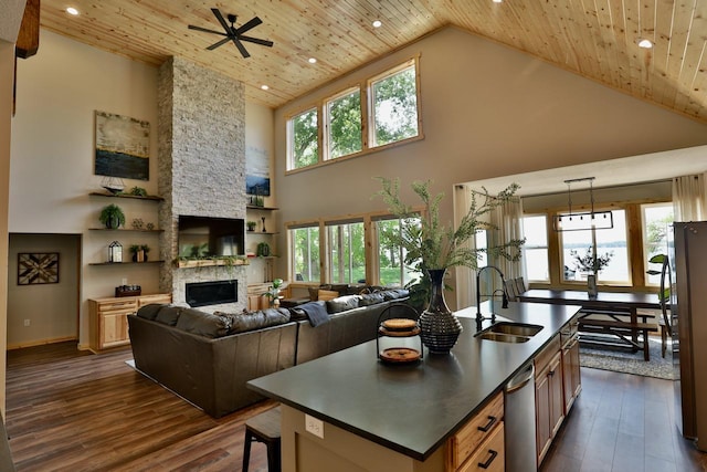 kitchen featuring a sink, high vaulted ceiling, wood ceiling, dark wood-style floors, and recessed lighting