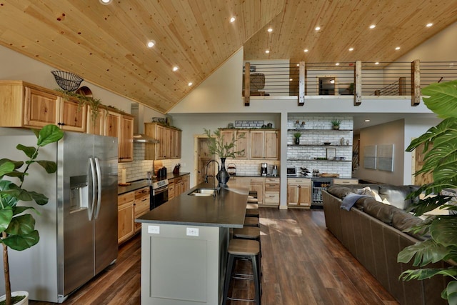 kitchen featuring stainless steel fridge with ice dispenser, a sink, dark countertops, wooden ceiling, and recessed lighting